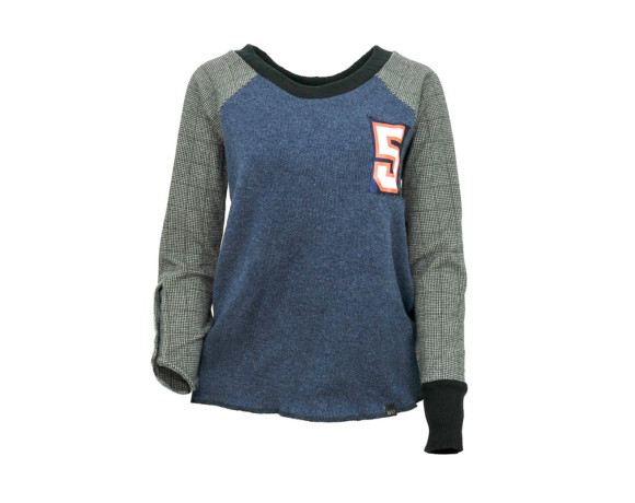 Blue and brown houndstooth sleeve soft raglan sweater with mesh side panels. Size large.