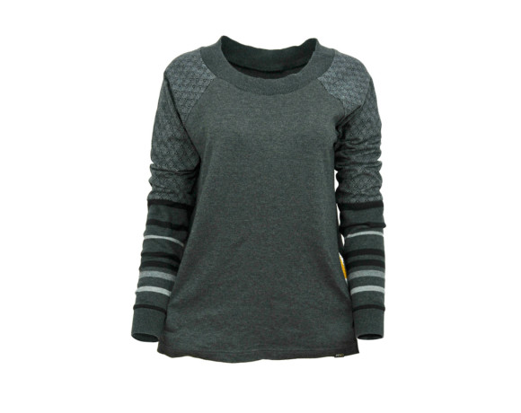 (SOLD) Lucky 7 diamond gray striped sleeve soft raglan sweater with mesh side panels. Size large.