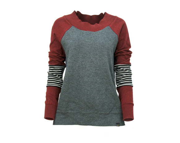 Maroon sleeve, zebra striped elbow soft raglan sweater with mesh side panels. Size large.