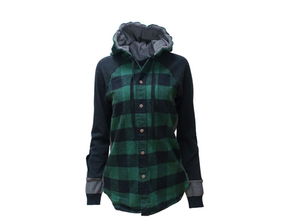 (SOLD) Heavyweight buffalo plaid flannel hoodie/button down shirt hybrid with side panels. Size large.