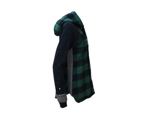 (SOLD) Heavyweight buffalo plaid flannel hoodie/button down shirt hybrid with side panels. Size large.