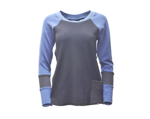 Blue and black soft raglan shirt with front pocket and mesh side panels. Size medium.