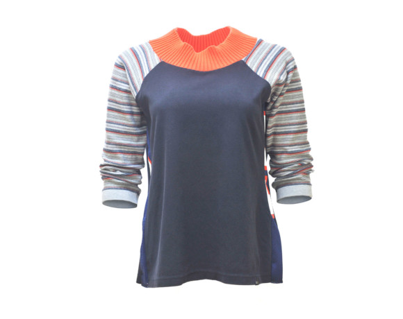 (SOLD) Bold orange collar with striped 3/4 sleeve soft raglan sweater with mesh side panels. Size medium.