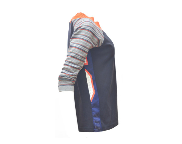(SOLD) Bold orange collar with striped 3/4 sleeve soft raglan sweater with mesh side panels. Size medium.