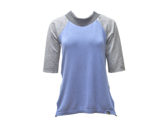 Blue and gray 3/4 sleeve silky raglan shirt with mesh side panels. Size medium.