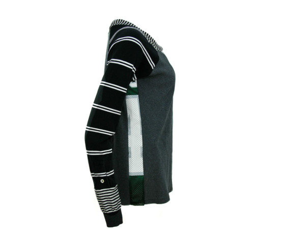 (SOLD) Gray and zebra striped soft raglan sweater with mesh side panels. Size medium.
