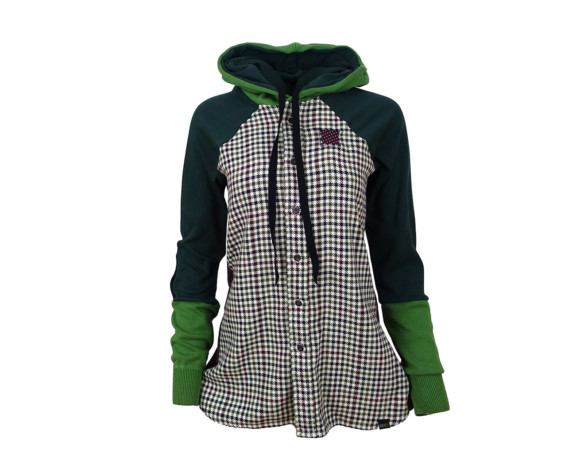 (SOLD) Heavyweight houndstooth hoodie/button down shirt hybrid with side panels. Size medium.