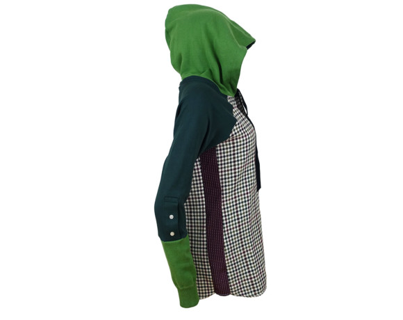 (SOLD) Heavyweight houndstooth hoodie/button down shirt hybrid with side panels. Size medium.