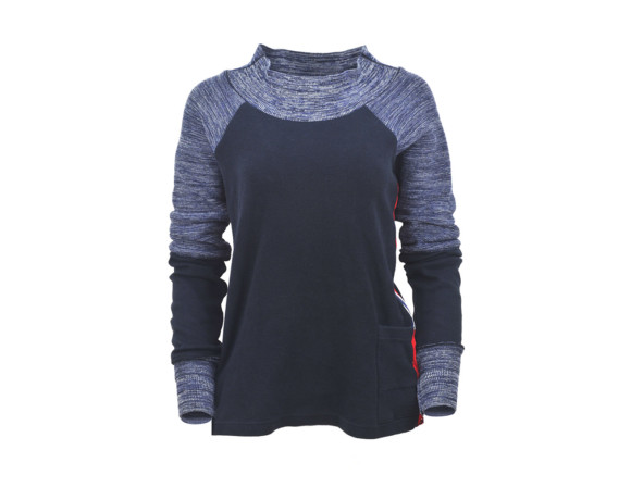 (SOLD) Blue variegated sleeve soft raglan sweater with mesh side panels. Size medium.