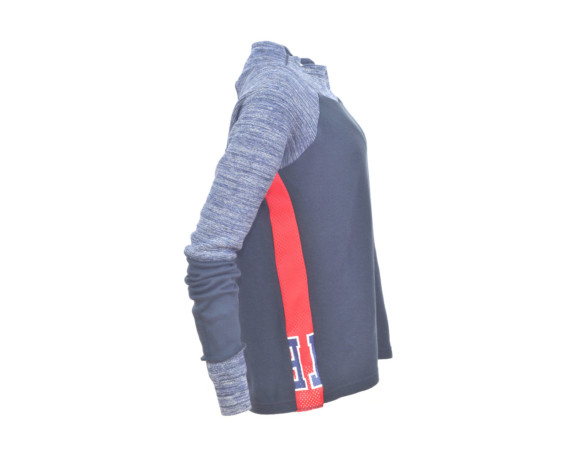 (SOLD) Blue variegated sleeve soft raglan sweater with mesh side panels. Size medium.