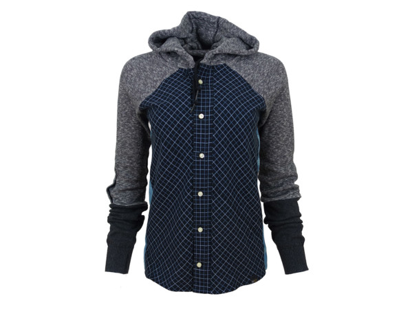 (SOLD) Gray and blue hoodie/bias cut button down shirt hybrid with side panels. Size small.