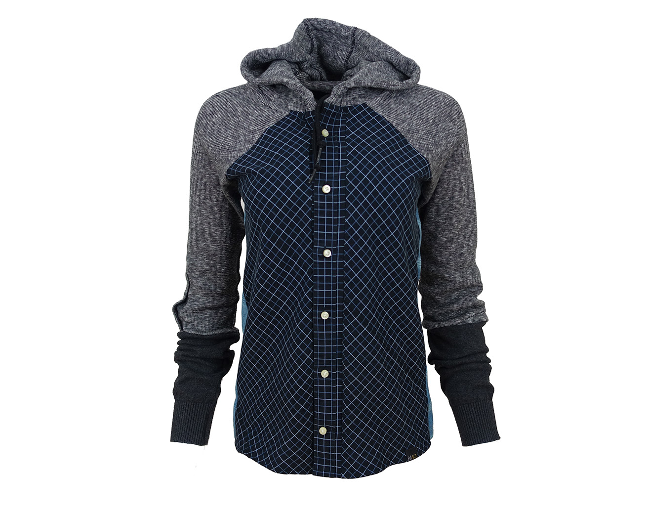 (SOLD) Gray and blue hoodie/bias cut button down shirt hybrid with side ...