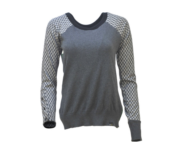 (SOLD) Gray checker sleeve soft raglan sweater with mesh side panels. Size small.