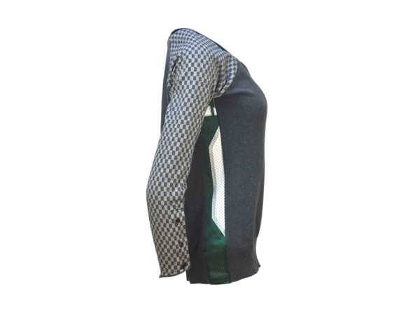 (SOLD) Gray checker sleeve soft raglan sweater with mesh side panels. Size small.