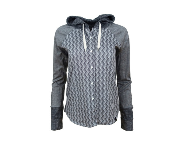 (SOLD) Lightweight silver patterned hoodie/button down shirt hybrid with side panels. Size small.