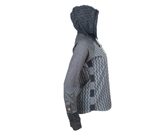 (SOLD) Lightweight silver patterned hoodie/button down shirt hybrid with side panels. Size small.
